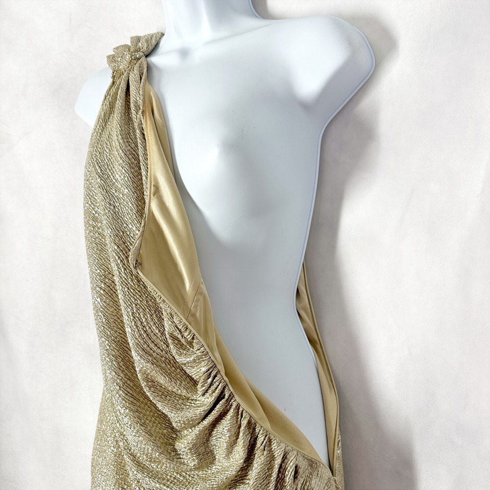 David Meister Gold Metallic One Shoulder Dress Beaded Flower Women's Size 2 - Picture 7 of 14